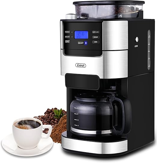 Gevi 10-Cup Coffee Maker with Built-in Burr Grinder, Programmable Timer, 1.5L Water Tank, Reusable Filter & Warming Plate โ Drip Coffee Machine for Fresh Ground Coffee