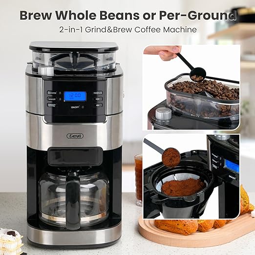 Gevi 10-Cup Coffee Maker with Built-in Burr Grinder, Programmable Timer, 1.5L Water Tank, Reusable Filter & Warming Plate โ Drip Coffee Machine for Fresh Ground Coffee