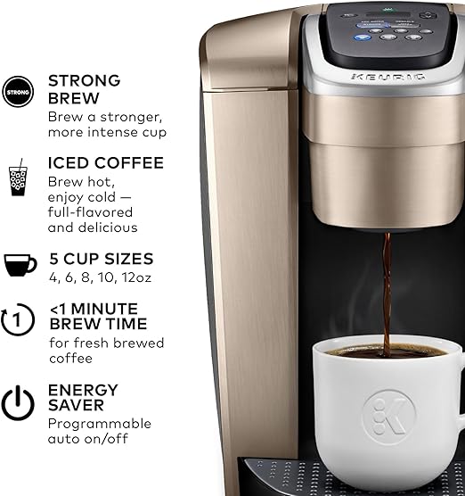 Keurig K-Elite Single Serve K-Cup Pod Coffee Maker, with Strength and Temperature Control, Iced Coffee Capability, 8 to 12oz Brew Size, Programmable, Brushed Gold
